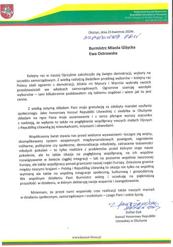 Olsztyn, dnia 23 kwietnia 2024r.  Burmistrz Miasta Giżycka Ewa Ostrowska  Kolejny raz w naszej Ojczyźnie zakończyło się święto demokracji, wybory na szczeblu samorządowym. Z wielką radością śledziłem 